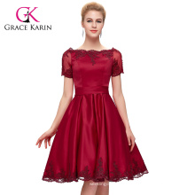 Grace Karin à manches courtes au genou Robe de bal en satin rouge foncé vestidos de fiestas 2016 GK000062-1
